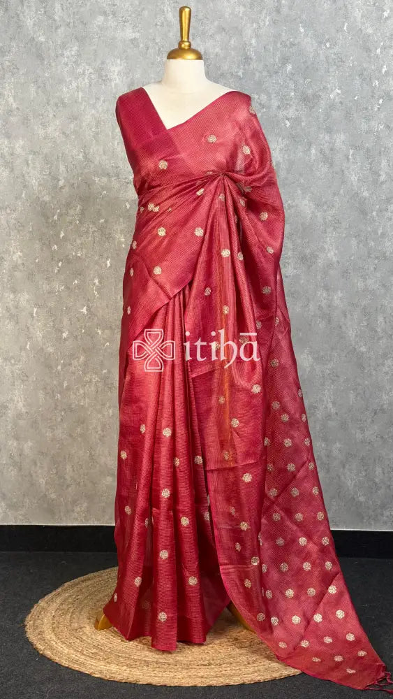 TUSSAR SILK ZARI CHECK EMBROIDERY SAREE - RED PINK