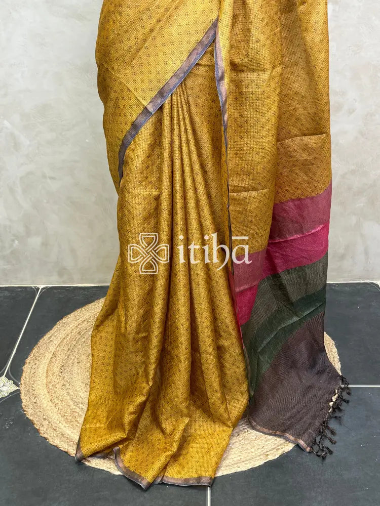 TUSSAR SILK ZARI CHECKS PRINTED SAREE