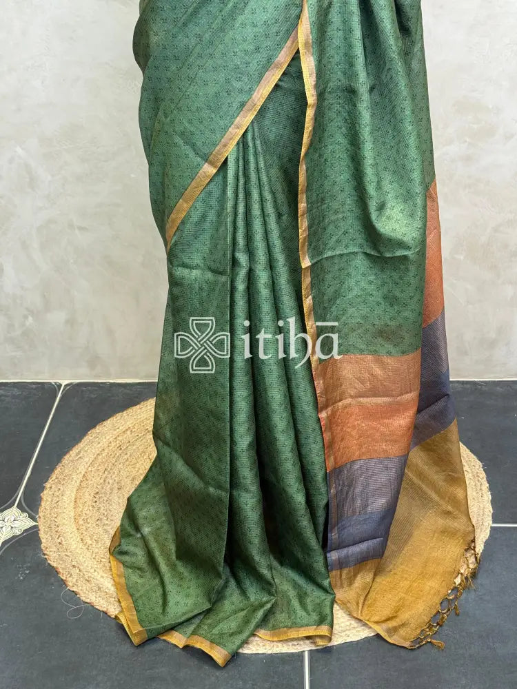 TUSSAR SILK ZARI CHECKS PRINTED SAREE