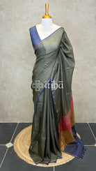 TUSSAR SILK ZARI CHECKS PRINTED SAREE - Deep forest green