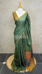 TUSSAR SILK ZARI CHECKS PRINTED SAREE - DUSTY OLIVE GREEN
