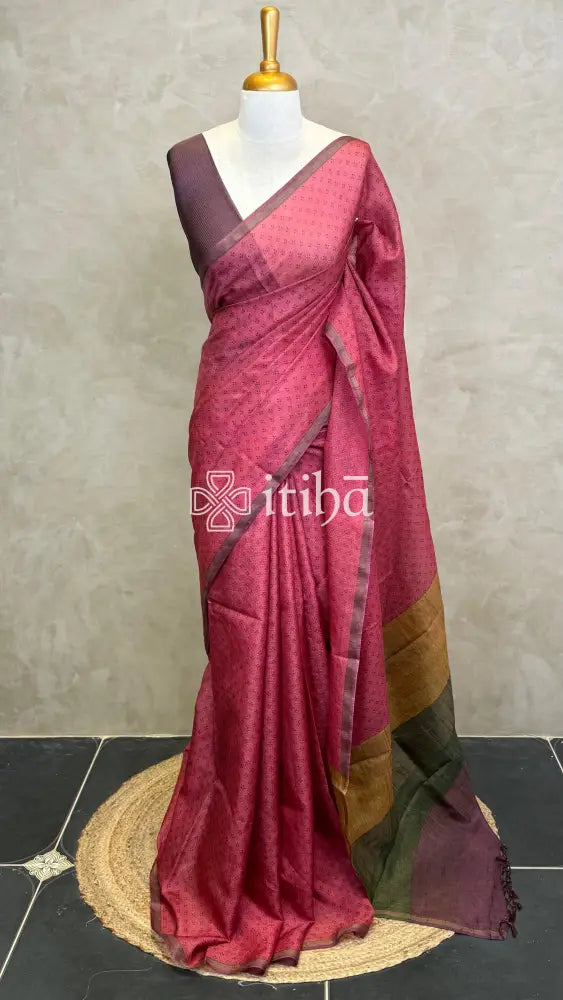 TUSSAR SILK ZARI CHECKS PRINTED SAREE - MAROON