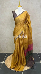 TUSSAR SILK ZARI CHECKS PRINTED SAREE - mustard yellow