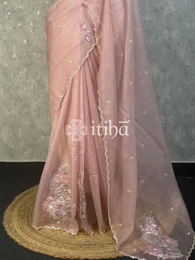 VISCOSE ORGANZA APPLIQUE EMBROIDERY SAREE - BLUSH PINK