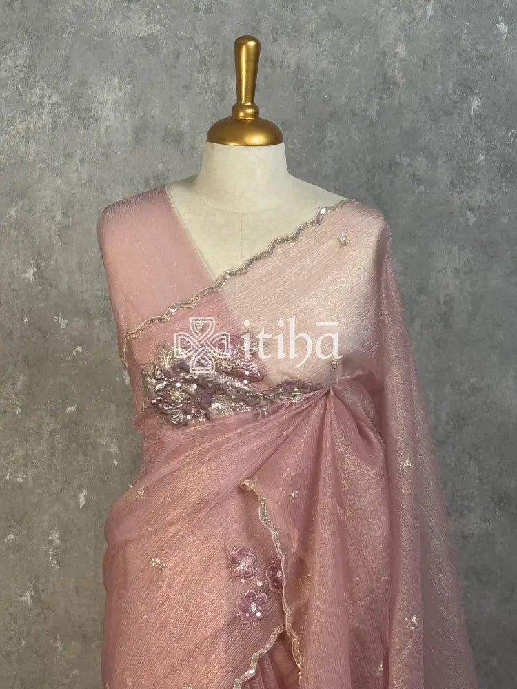 VISCOSE ORGANZA APPLIQUE EMBROIDERY SAREE - BLUSH PINK