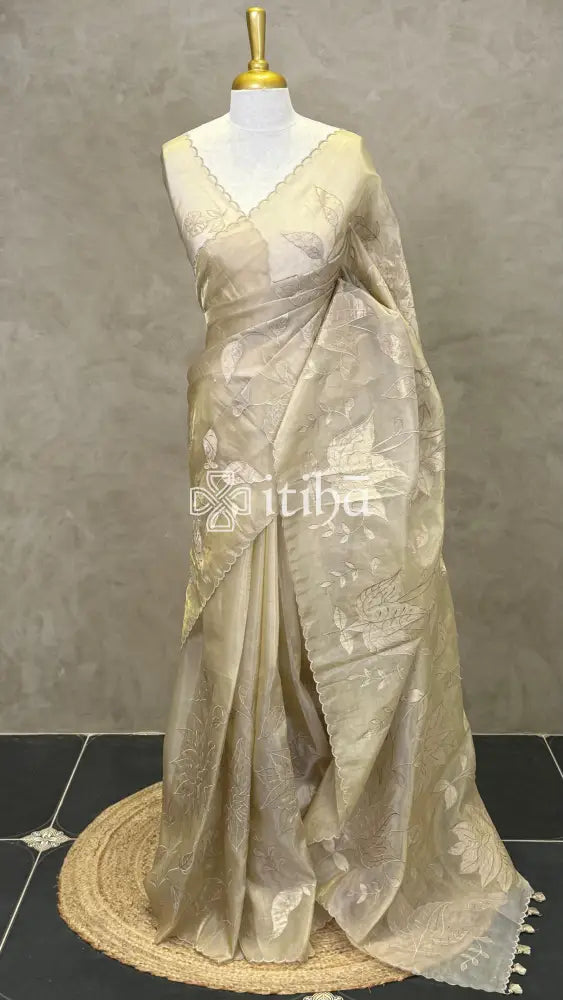 VISCOSE ORGANZA APPLIQUE EMBROIDERY SAREE - CHAMPAGNE BEIGE
