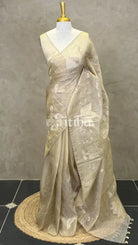 VISCOSE ORGANZA APPLIQUE EMBROIDERY SAREE - CHAMPAGNE BEIGE