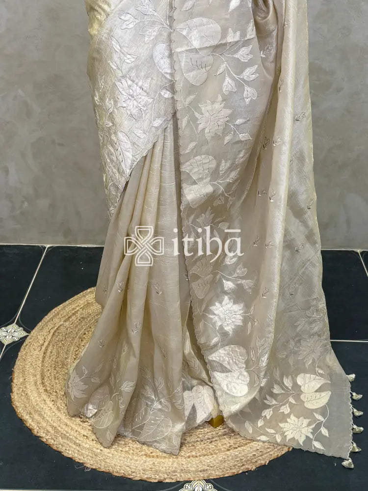 VISCOSE ORGANZA APPLIQUE EMBROIDERY SAREE - CHAMPAGNE BEIGE