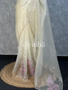 VISCOSE ORGANZA APPLIQUE EMBROIDERY SAREE - CREAM