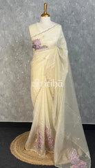 VISCOSE ORGANZA APPLIQUE EMBROIDERY SAREE - CREAM