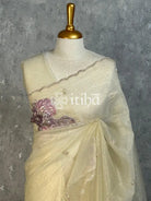 VISCOSE ORGANZA APPLIQUE EMBROIDERY SAREE - CREAM