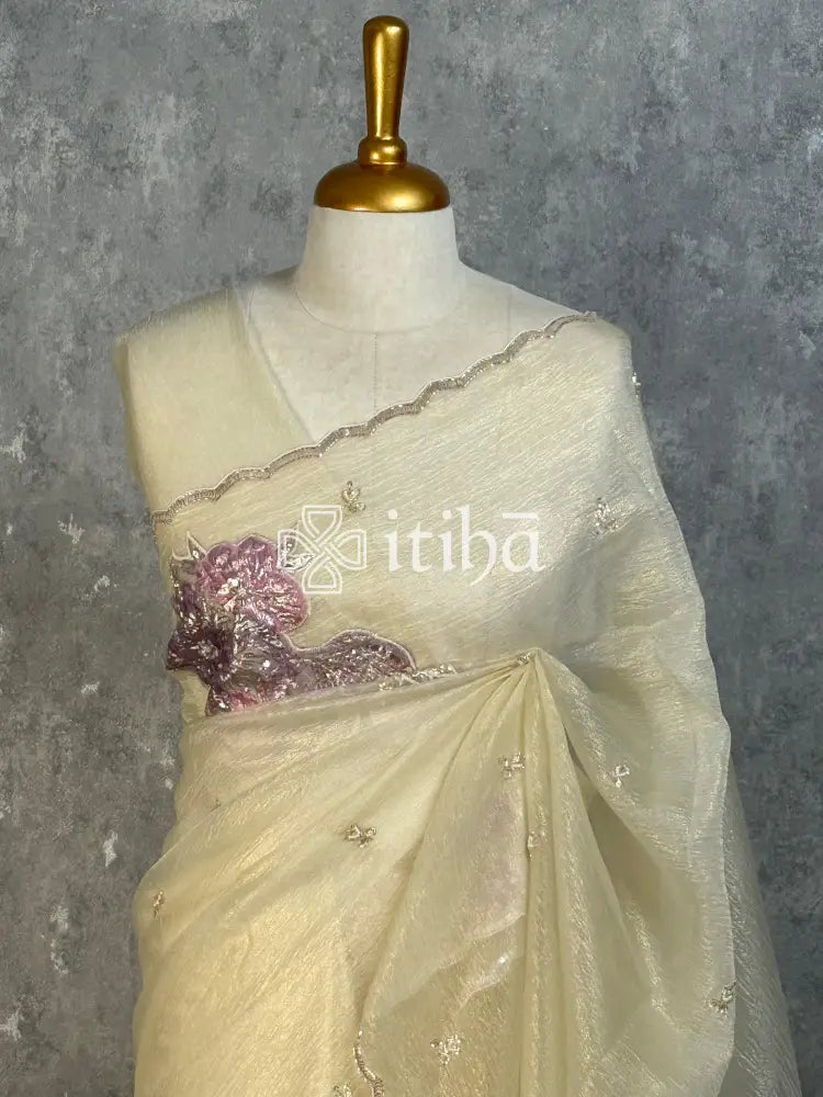 VISCOSE ORGANZA APPLIQUE EMBROIDERY SAREE - CREAM