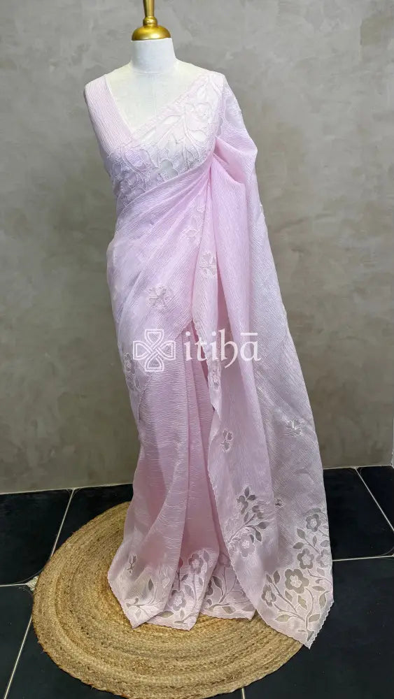 VISCOSE ORGANZA APPLIQUE EMBROIDERY SAREE - LIGHT PINK
