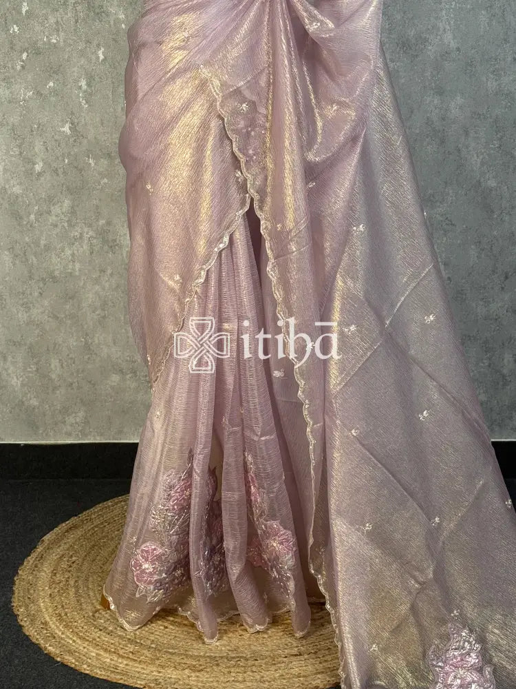VISCOSE ORGANZA APPLIQUE EMBROIDERY SAREE - MAUVE PINK