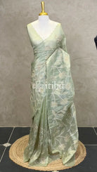VISCOSE ORGANZA APPLIQUE EMBROIDERY SAREE - PASTEL GREEN