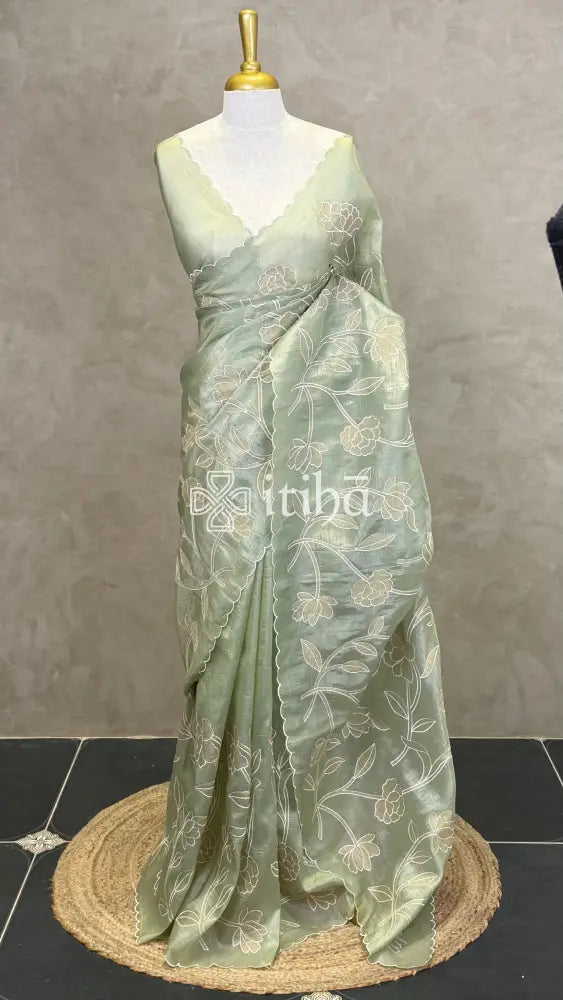 VISCOSE ORGANZA APPLIQUE EMBROIDERY SAREE - PASTEL GREEN