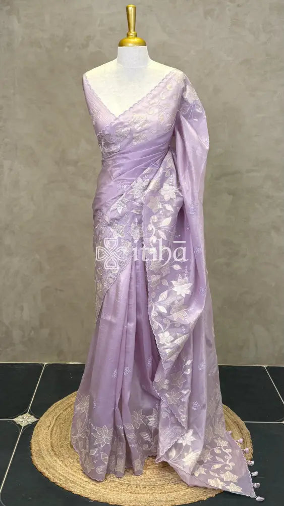 VISCOSE ORGANZA APPLIQUE EMBROIDERY SAREE - PASTEL LAVENDER