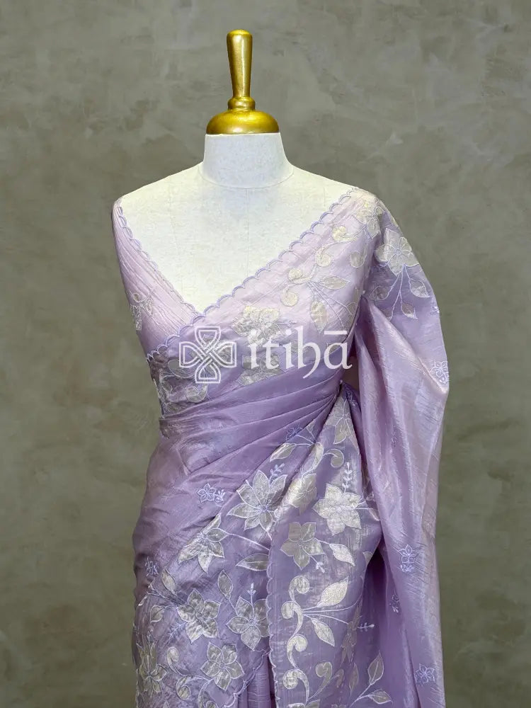 VISCOSE ORGANZA APPLIQUE EMBROIDERY SAREE - PASTEL LAVENDER