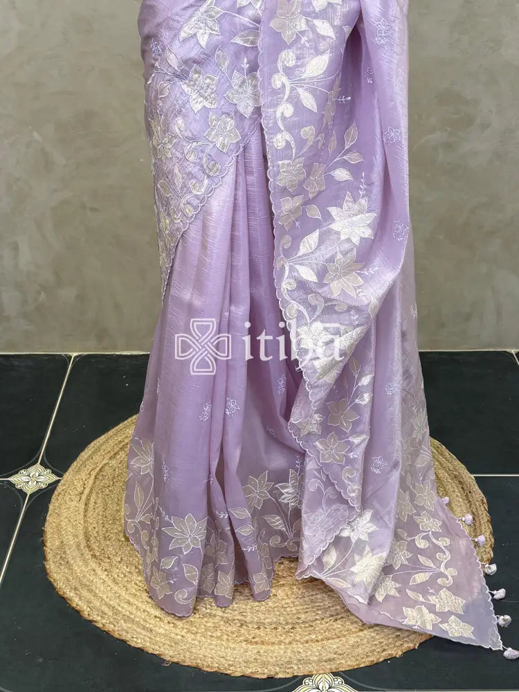 VISCOSE ORGANZA APPLIQUE EMBROIDERY SAREE - PASTEL LAVENDER