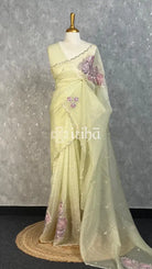 VISCOSE ORGANZA APPLIQUE EMBROIDERY SAREE - PASTEL PISTA GREEN
