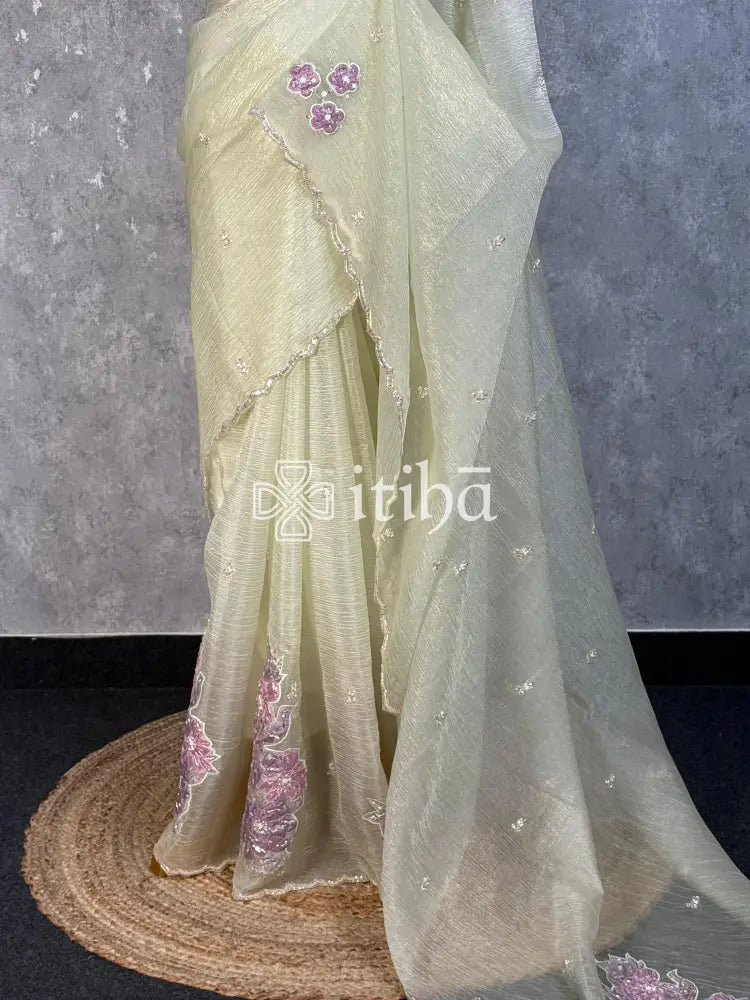 VISCOSE ORGANZA APPLIQUE EMBROIDERY SAREE - PASTEL PISTA GREEN