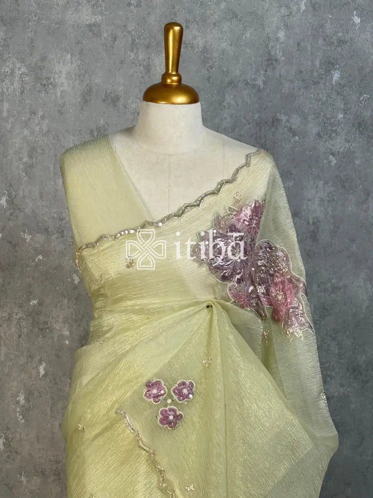 VISCOSE ORGANZA APPLIQUE EMBROIDERY SAREE - PASTEL PISTA GREEN
