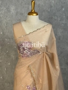 VISCOSE ORGANZA APPLIQUE EMBROIDERY SAREE - PEACH BEIGE
