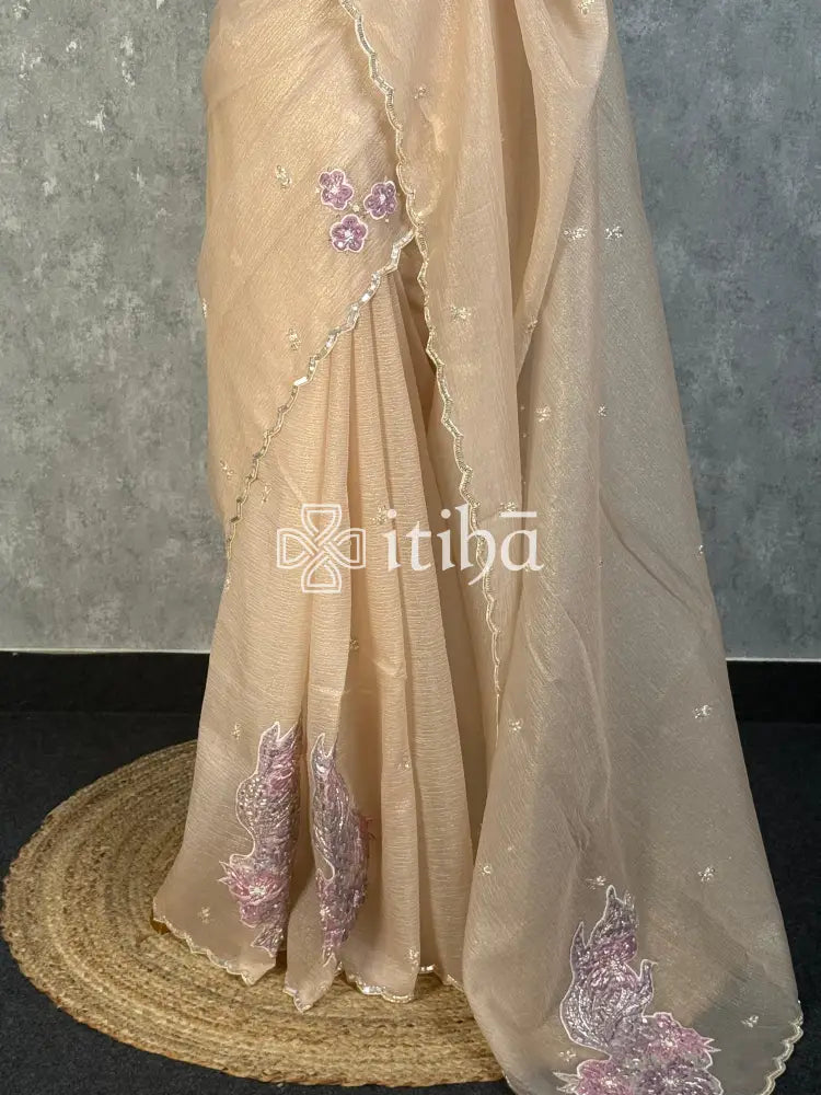 VISCOSE ORGANZA APPLIQUE EMBROIDERY SAREE - PEACH BEIGE