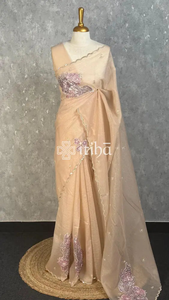 VISCOSE ORGANZA APPLIQUE EMBROIDERY SAREE - PEACH BEIGE