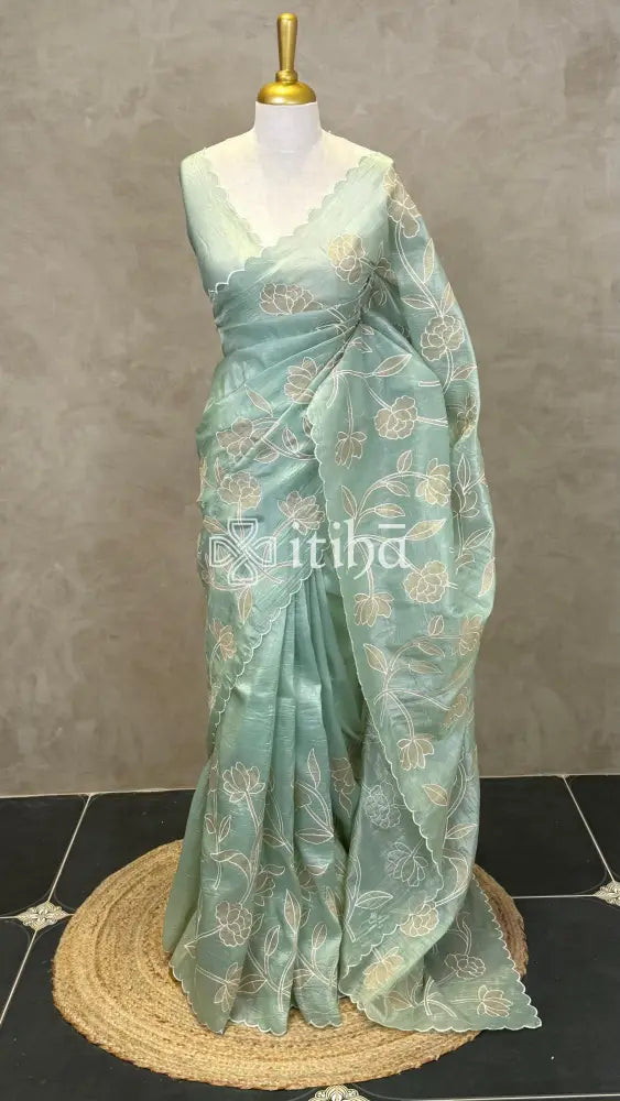 VISCOSE ORGANZA APPLIQUE EMBROIDERY SAREE - SAGE GREEN