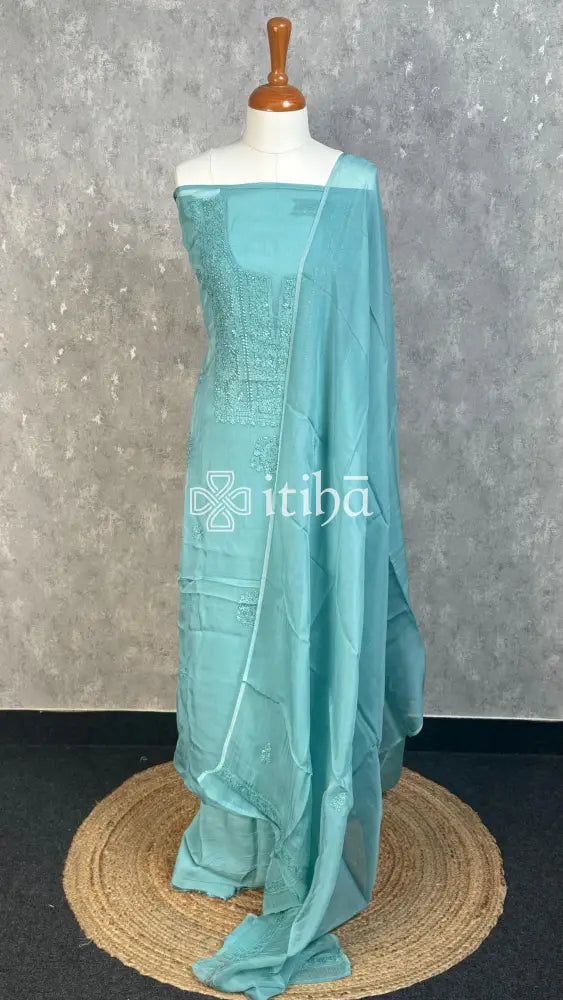 VISCOSE ORGANZA CHIKANKARI SALWAR SUIT - AQUA BLUE