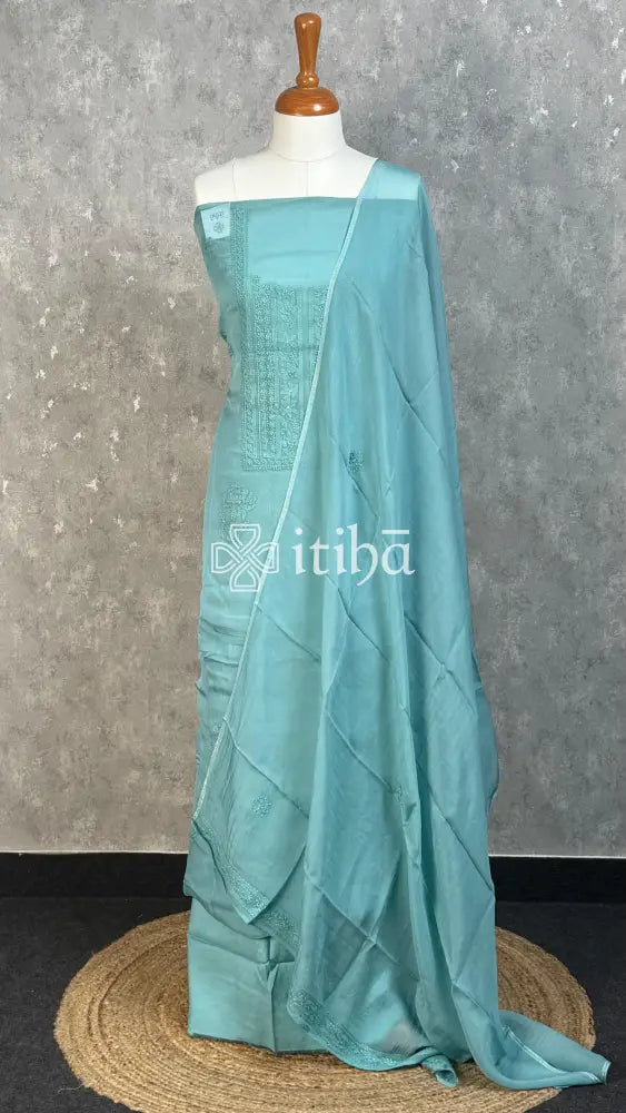 VISCOSE ORGANZA CHIKANKARI SALWAR SUIT - AQUA BLUE