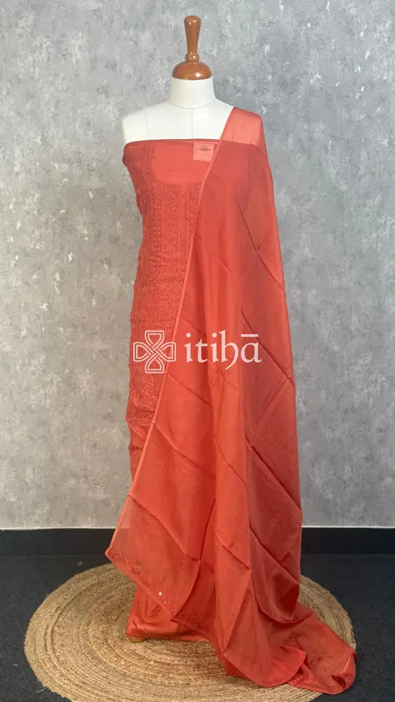 VISCOSE ORGANZA CHIKANKARI SALWAR SUIT - BURNT ORANGE