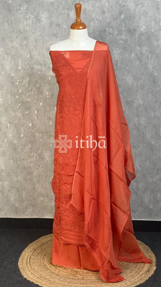VISCOSE ORGANZA CHIKANKARI SALWAR SUIT - BURNT ORANGE
