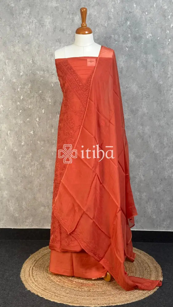VISCOSE ORGANZA CHIKANKARI SALWAR SUIT - BURNT ORANGE
