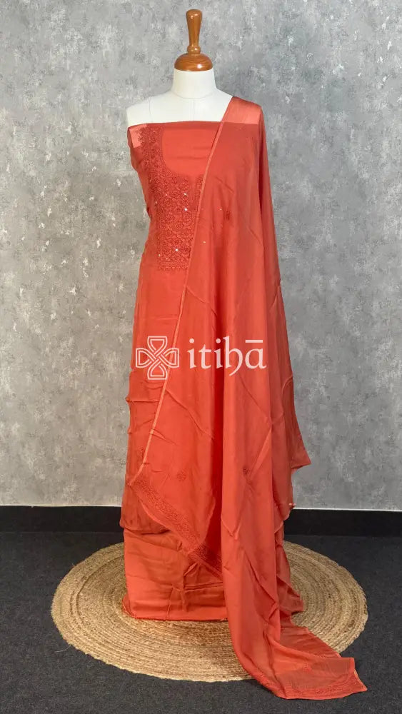 VISCOSE ORGANZA CHIKANKARI SALWAR SUIT - BURNT ORANGE