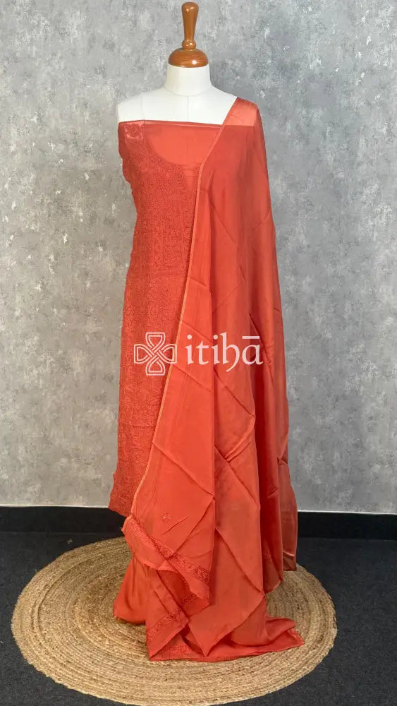 VISCOSE ORGANZA CHIKANKARI SALWAR SUIT - BURNT ORANGE