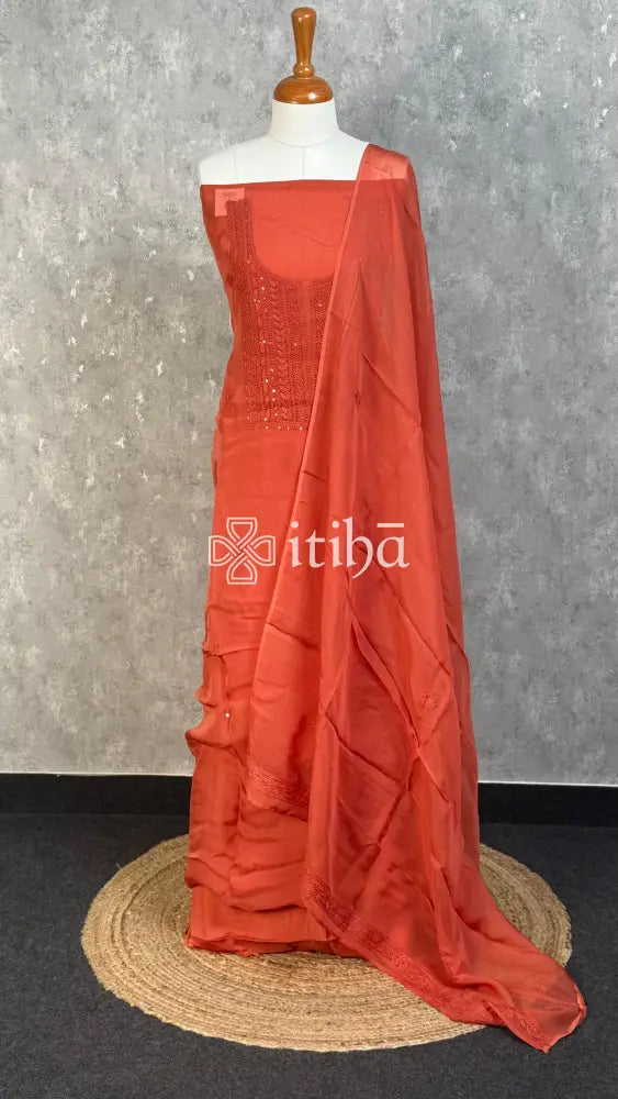 VISCOSE ORGANZA CHIKANKARI SALWAR SUIT - BURNT ORANGE