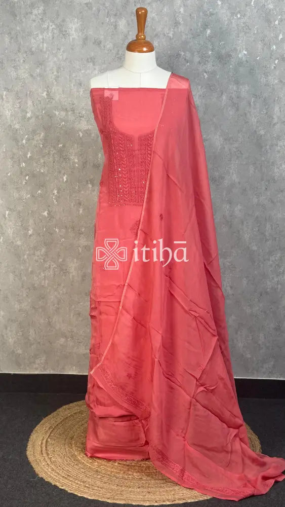 VISCOSE ORGANZA CHIKANKARI SALWAR SUIT - CORAL PINK