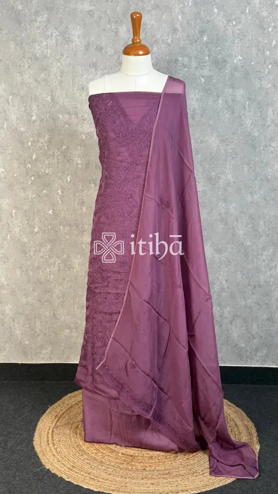 VISCOSE ORGANZA CHIKANKARI SALWAR SUIT - DEEP PLUM PURPLE