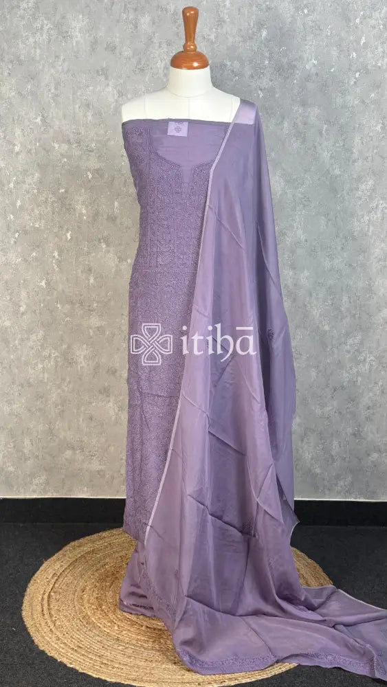 VISCOSE ORGANZA CHIKANKARI SALWAR SUIT - DUSTY LAVENDER