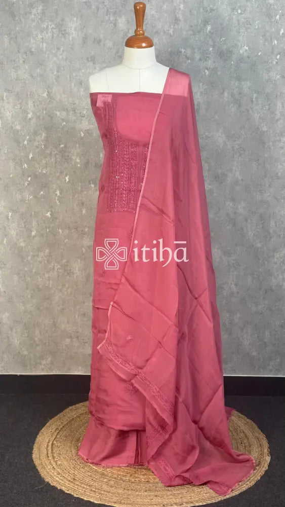 VISCOSE ORGANZA CHIKANKARI SALWAR SUIT - dusty mauve