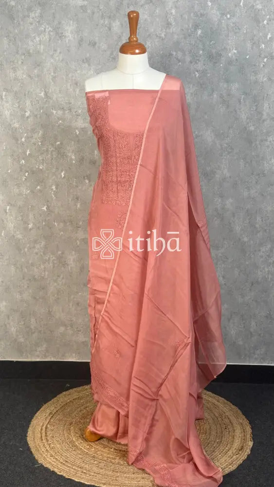 VISCOSE ORGANZA CHIKANKARI SALWAR SUIT - DUSTY PEACH