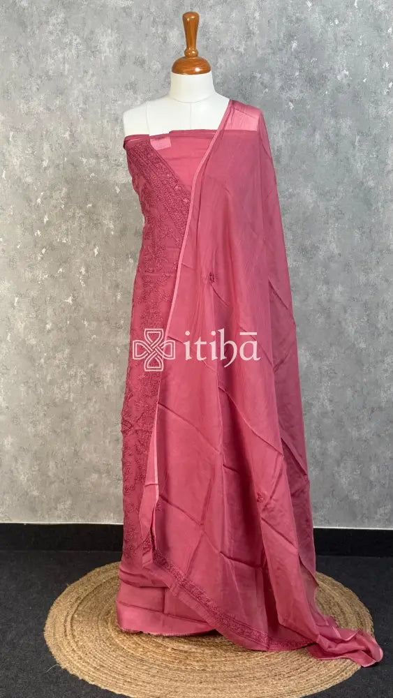 VISCOSE ORGANZA CHIKANKARI SALWAR SUIT - DUSTY ROSE PINK