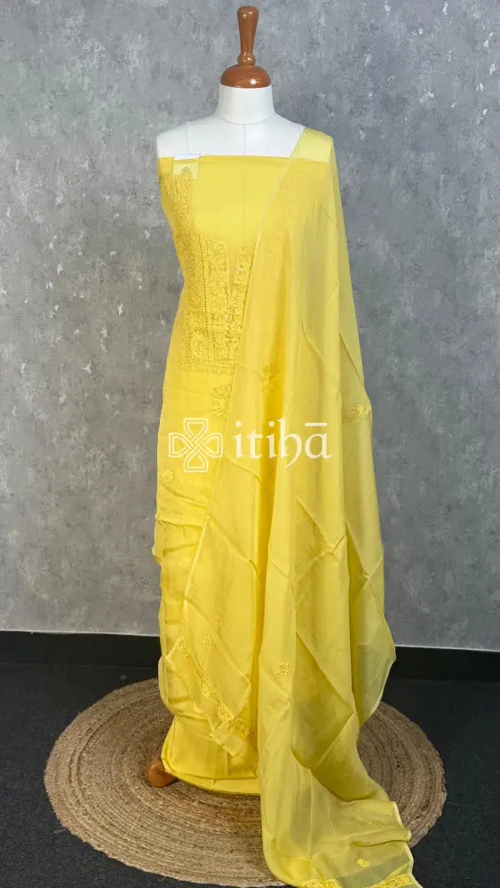 VISCOSE ORGANZA CHIKANKARI SALWAR SUIT - lemon yellow