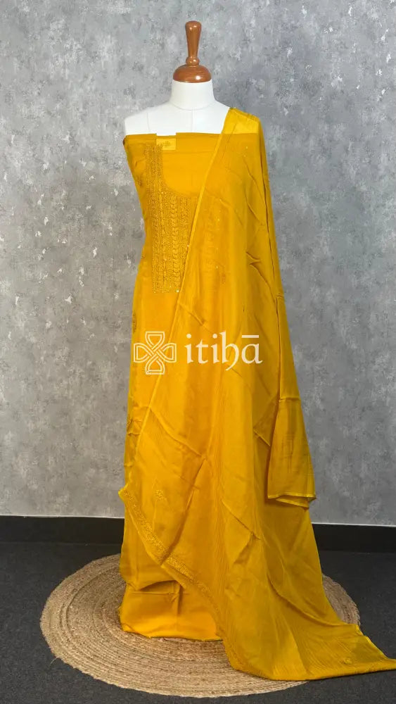 VISCOSE ORGANZA CHIKANKARI SALWAR SUIT - mustard yellow