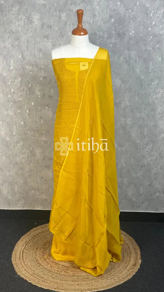 VISCOSE ORGANZA CHIKANKARI SALWAR SUIT - mustard yellow