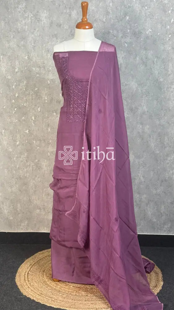 VISCOSE ORGANZA CHIKANKARI SALWAR SUIT - muted plum