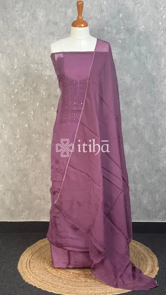 VISCOSE ORGANZA CHIKANKARI SALWAR SUIT - muted plum