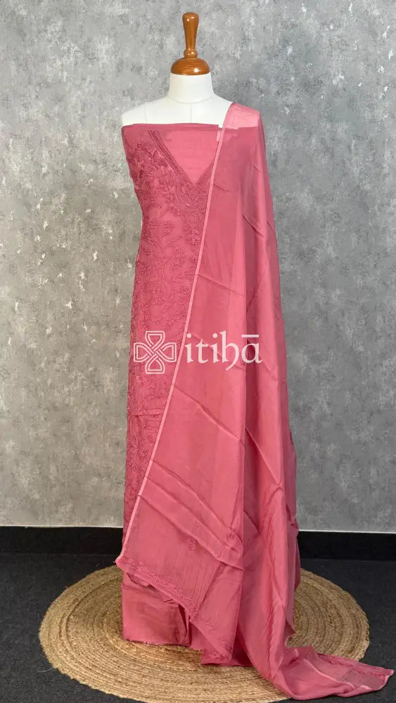 VISCOSE ORGANZA CHIKANKARI SALWAR SUIT - ROSE PINK